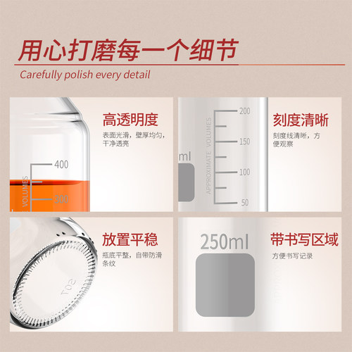 Labshark蜀牛蓝橙盖玻璃试剂瓶广口丝口中高硼硅透明棕色100/250/500ml带刻度密封取样样品瓶化学实验室用 - 图2