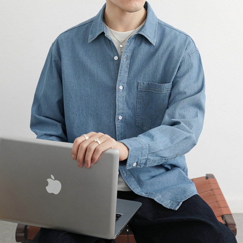 春秋款纯棉牛仔衬衫男长袖宽松翻领休闲衬衣外套潮流深蓝色,淘宝优惠券,粉丝福利购,淘宝优惠卷