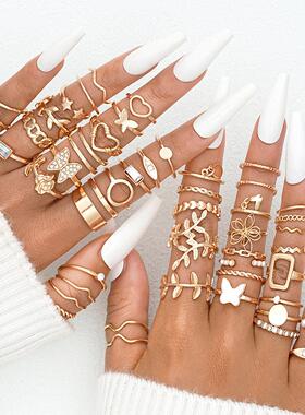 47 piece set of gold rings跨境时尚十字架蝴蝶金色戒指47件套