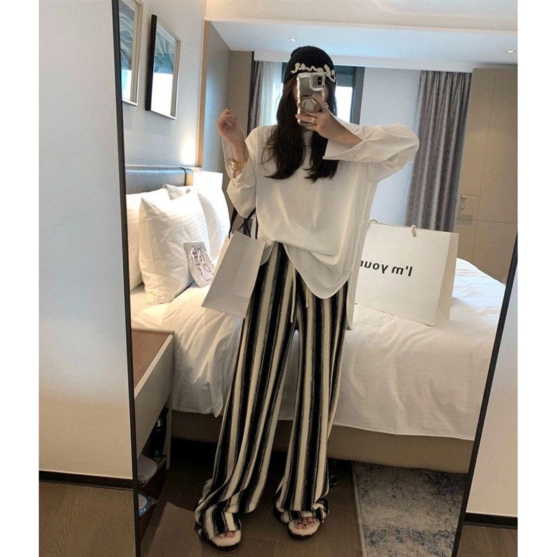 孕妇休闲裤复古针织条纹渐变宽松高腰阔腿裤垂感休闲毛线孕妇裤子,淘宝优惠券,粉丝福利购,淘宝优惠卷