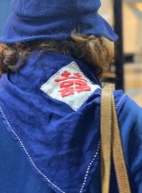 掌染草草木染2022春秋中国风刺绣囍手缝线蓝染亚麻三角巾情侣围巾
