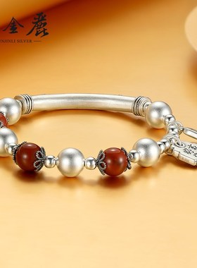 吉祥如意 银手链女时尚饰品圆珠民族风手串情人节送女友生日礼物