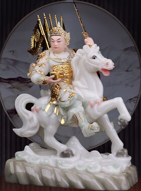 汉白玉骑马将军报马将军黄小跑黄小报左右对马小童像家用堂口摆件