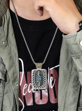 民族风藏式可转动绿松石九眼天珠银项链男小众配饰复古毛衣链男