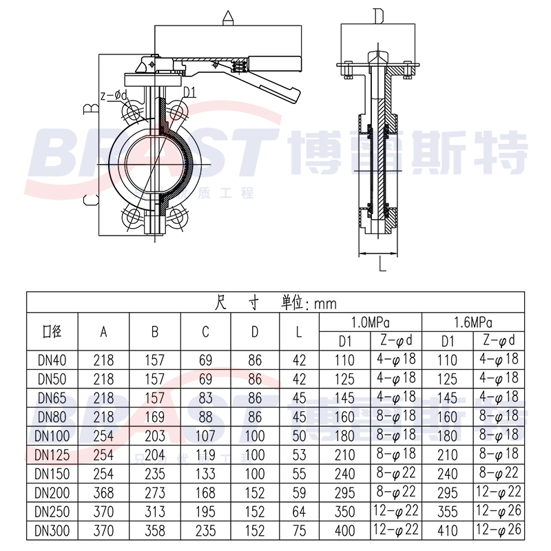 H手柄对夹不锈钢蝶阀D71X-10/16RL316L体316L板乙丙阀座铁304手柄 - 图2