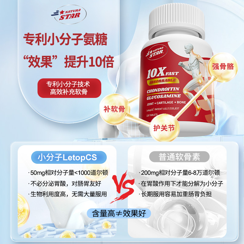 3瓶装NaturaStar加强版小分子维骨力氨糖软骨素美国膝盖关节骨折