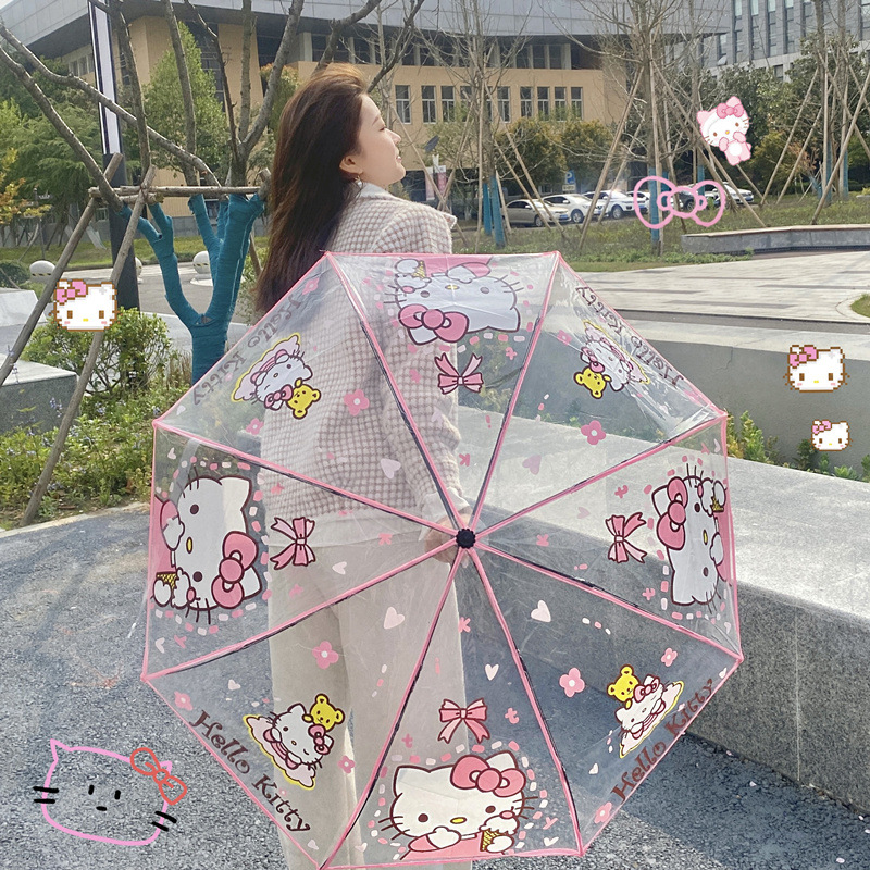 hellokitty猫雨伞透明女儿童上学专用全自动折叠粉嫩卡通学生雨伞 - 图0