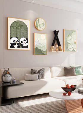 网红代简约客厅装饰画熊猫级感沙发背景高墙挂现画新款餐厅组合壁