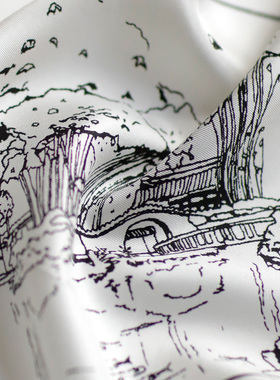 北京街景 黑白素描风线条斜纹绸三角巾真丝丝巾100%桑蚕丝外搭