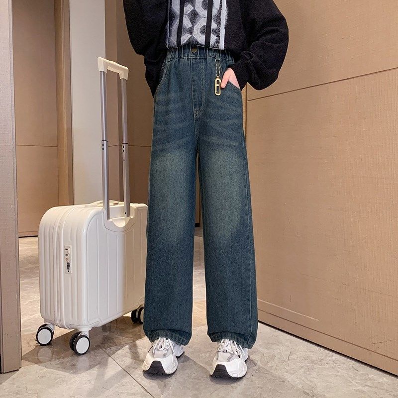 女童牛仔阔腿裤春秋款2023新款直筒休闲裤9秋装8洋气12岁儿童裤子,淘宝优惠券,粉丝福利购,淘宝优惠卷