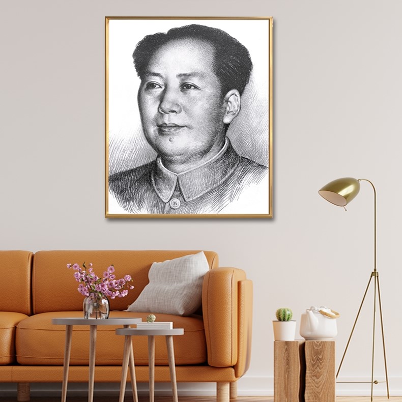 毛主像画像主席素描像墙画伟人中堂装饰画客厅玄关铝合H金框壁挂