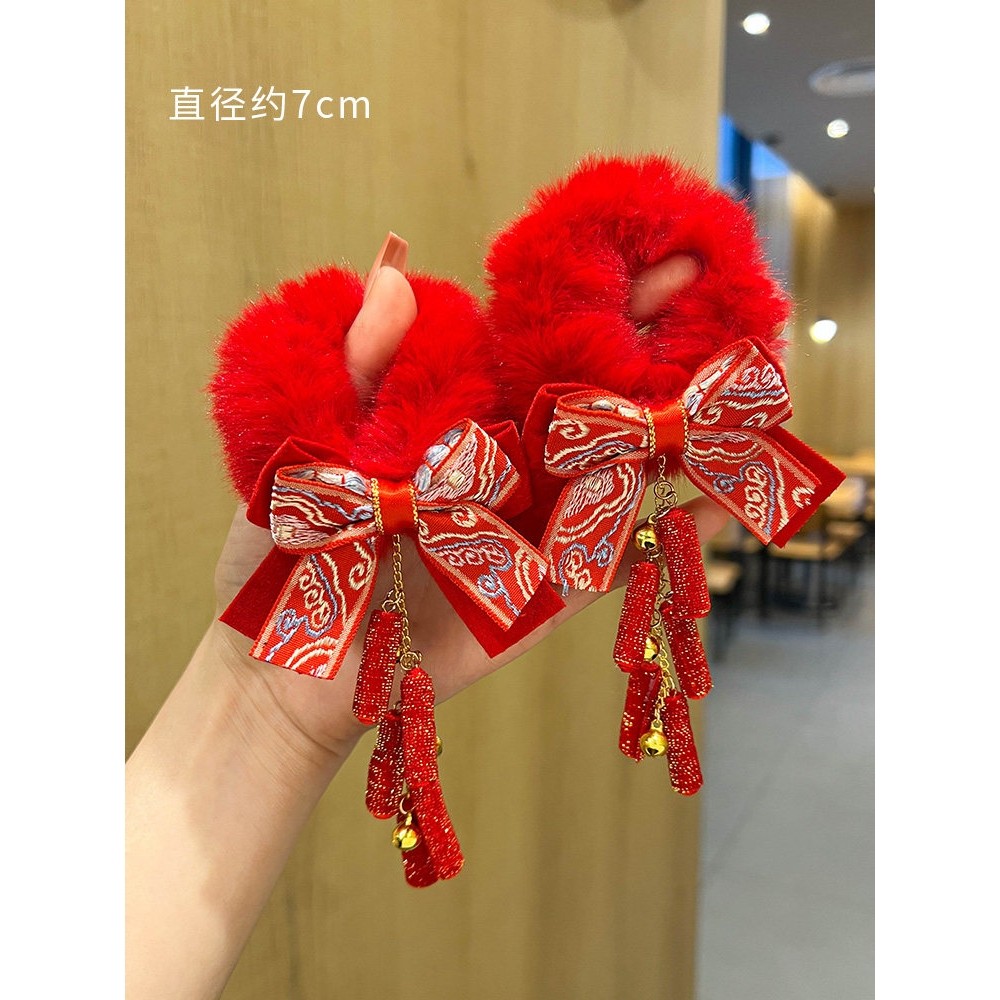 儿童新年发饰过年毛绒头绳女童红色头花秋冬发圈女孩春节拜年头饰,淘宝优惠券,粉丝福利购,淘宝优惠卷