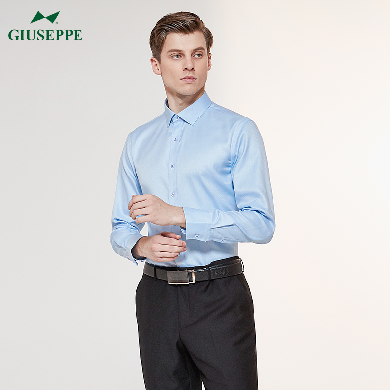 Giuseppe乔治白春秋长袖衬衫男尖领蓝色斜纹修身衬衣商务绅士扣 - 图0