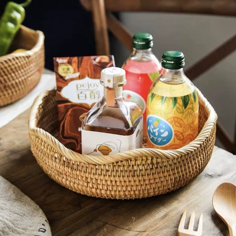 Круглая корзина из ротанга для фруктов, домашняя корзина для паровых булочек, плетенка, хлеб, поднос из ротанга для фруктов, кухонная корзина для закусок