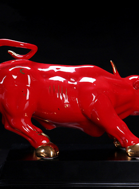 陶瓷珍藏版富贵红牛华尔街牛风水摆件旺市牛描金陶瓷工艺品礼品