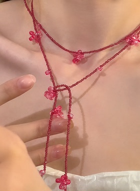 韩系玫粉色花朵串珠项链女士长款多层叠戴锁骨链海边度假风锁颈链