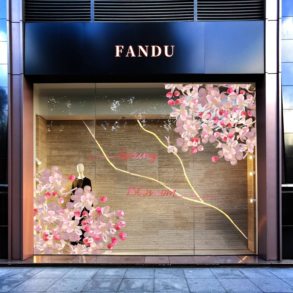 中国风海棠花樱花桃花玻璃门静电贴纸套装橱窗门窗花橱窗玻璃贴纸,淘宝优惠券,粉丝福利购,淘宝优惠卷