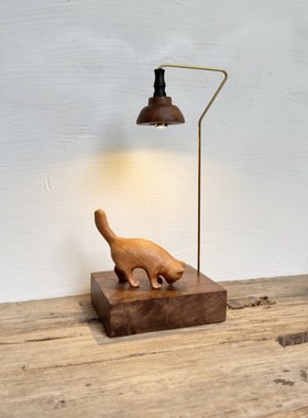 木雕猫咪木质小夜灯家居店内装饰品桌面创意礼品奶油原木风摆件