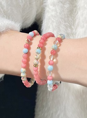 新品新中式撞色寿山石手串女ins小众设计桃花粉T红纹玉髓轻奢气质