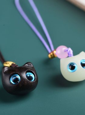 极速夜光小e物件玄同紫光檀创意可爱小福猫包挂件木钥匙扣手机挂