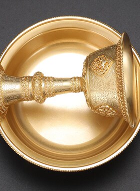 新品黄铜护d法杯藏式八吉祥双层供护法用高脚雕花圣水杯佛前供品