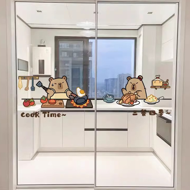 卡皮巴拉厨房推拉门静电贴玻璃门防撞贴纸阳台窗户玻璃贴纸装饰画 - 图0