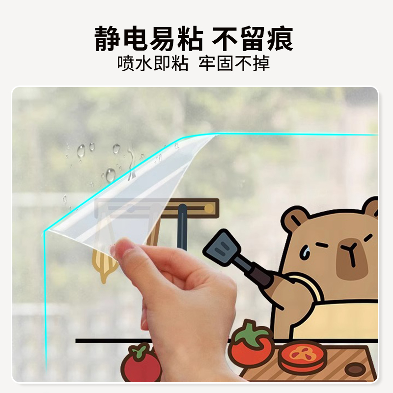 卡皮巴拉厨房推拉门静电贴玻璃门防撞贴纸阳台窗户玻璃贴纸装饰画 - 图1