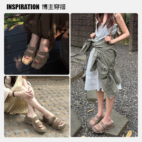 董麟珺同款DAPHNELAB方糖厚底凉拖26夏增高铆钉流苏一字拖拖鞋女 - 图3