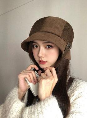 日系灯芯绒渔夫帽女2026新款秋冬复古百搭盆帽大头围显脸小贝雷帽