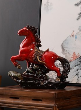 陶瓷红色马到成功摆件q招财生肖马工艺品客厅办公室装饰品开业送