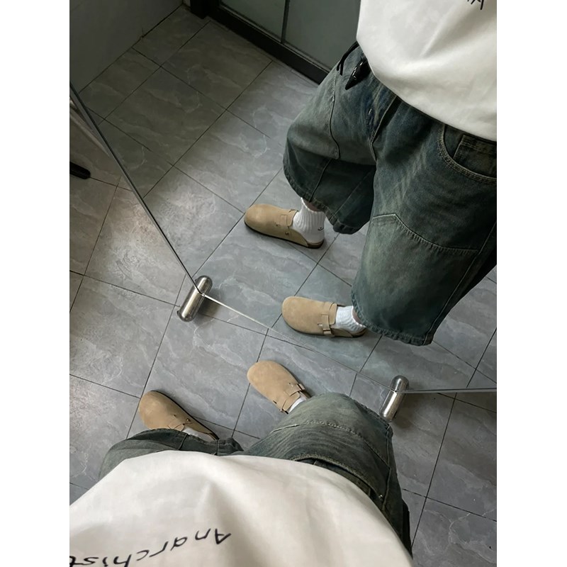 美式复古街头水洗伐木七分牛仔短裤男女宽松休闲做旧过膝阔腿裤子 - 图1