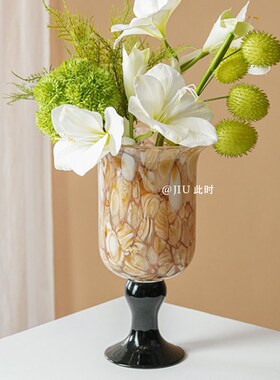 JIU此时  中式高脚琉璃宽y口玻璃水养花器情绪稳定插花瓶客厅摆