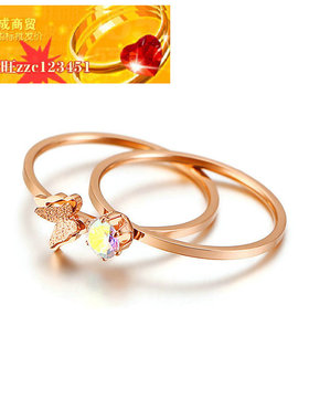 极速新品a上市开店热销戒指钛钢镶单颗锆石喷砂蝴蝶戒指两件套rin