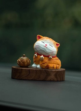 新品手工a彩绘创意可爱橘猫摆件汽车中控台香薰木质招财猫桌面装