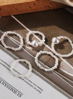 极速创意复古简约网红米白色米珠指环戒指白色珍珠V米珠戒指5件套