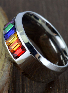 极速时尚OL七彩虹戒指 钛钢镶彩石指环 男男女女百合首Y饰品礼物S