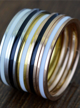 极速欧美简约超细小码戒指钛钢滴胶黑白指环L情侣首饰品生日礼物S