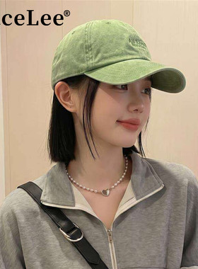 FaceLee日本设计师联名款绿色清新刺绣字母棒球帽女水洗做旧软顶