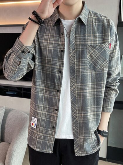 2026 autumn new trendy plaid shirt men's hong kong style casual long sleeve jacket teenagers shirt versatile contains cotton