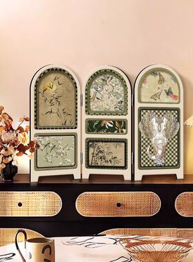 中古风桌面屏风摆件高级感复古入户玄关柜摆台画客厅电视柜装饰品