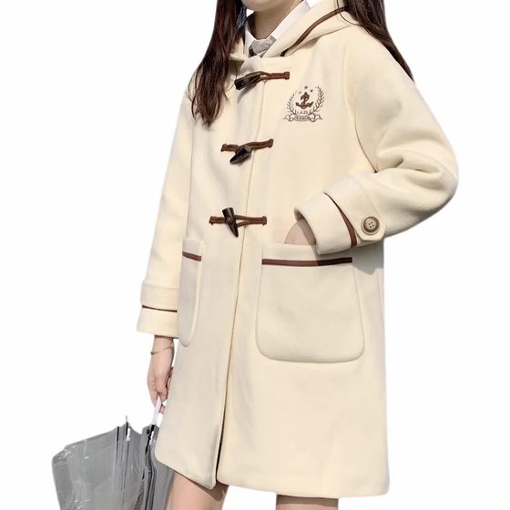 College-style woolen coats with cotton and thickening, autumn and winter clothing for high school and junior high school students, girls and older children, horn-button woolen coats