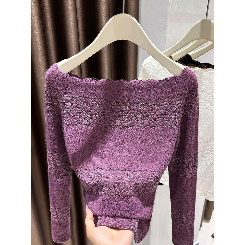 美拉德优雅咖色蕾丝长袖上衣女秋冬季一字领露肩T恤波浪边打底衫,淘宝优惠券,粉丝福利购,淘宝优惠卷