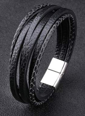 2022欧美时尚手工编织多层男士手链 复古磁铁扣手镯饰品