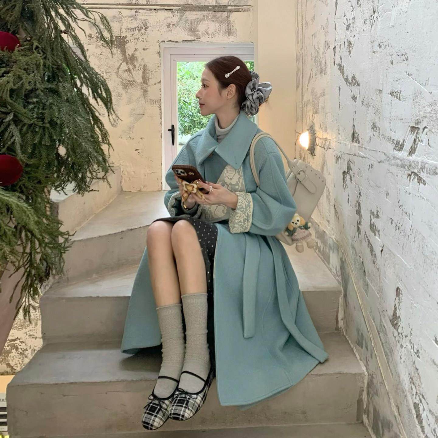 湖水蓝拼接蕾丝双排扣毛呢外套女秋冬季小个子中长款系带呢子大衣,淘宝优惠券,粉丝福利购,淘宝优惠卷