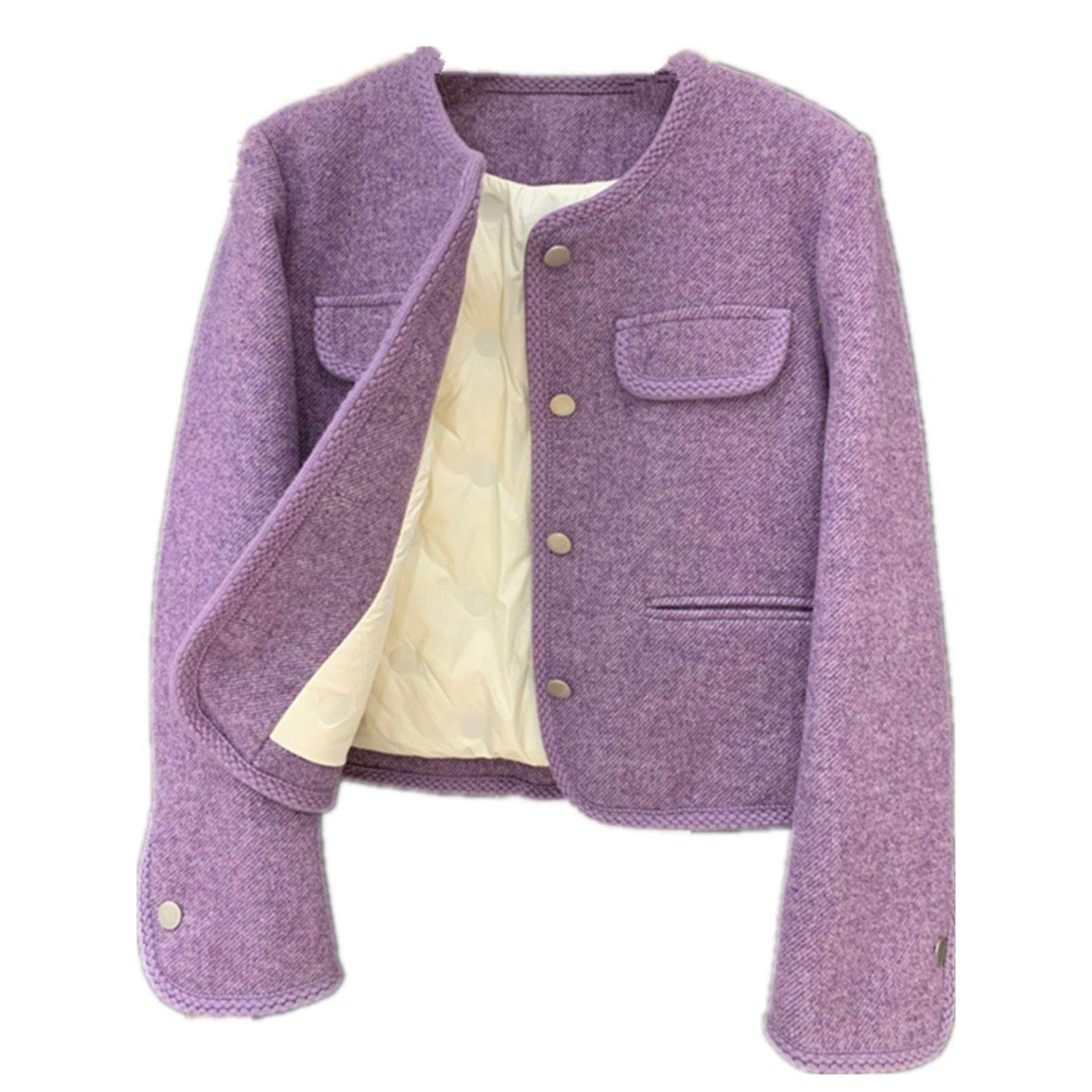 紫色小香风外套女短款2025冬季新款气质名媛加厚羽绒内胆毛呢西装,淘宝优惠券,粉丝福利购,淘宝优惠卷