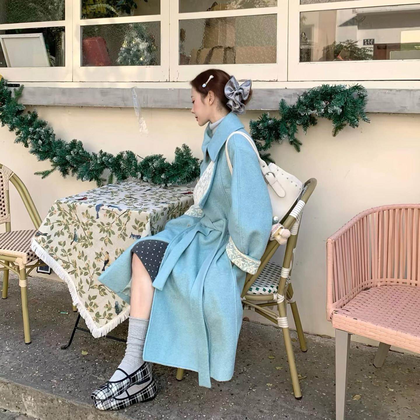 湖水蓝拼接蕾丝双排扣毛呢外套女秋冬季小个子中长款系带呢子大衣,淘宝优惠券,粉丝福利购,淘宝优惠卷