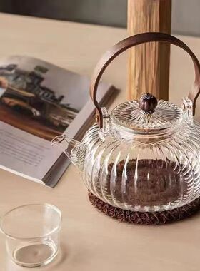 空盒子高硼硅玻璃提梁壶 耐高温竖纹南瓜茶壶 家用煮茶泡茶壶 花