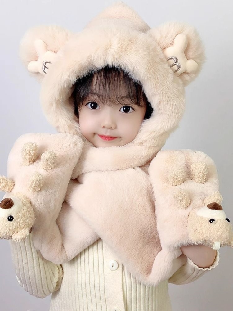 儿童帽子围巾手套一体秋冬季男女童宝宝毛绒三件套亲子款加厚保暖