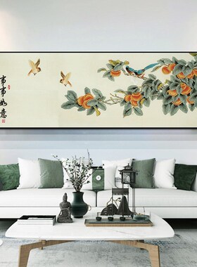 事事如意新中式客厅装饰画沙发背景墙横幅挂画卧室床头画壁画花鸟