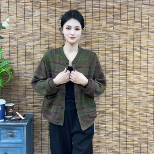 2026春秋季新款时尚休闲条纹印花开衫上衣宽松长袖棒球领外套女潮 - 图3